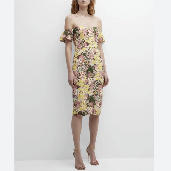Dress The Population Tara Off the Shoulder Midi Dress Blush Multi Floral Medium - Picture 1 of 15